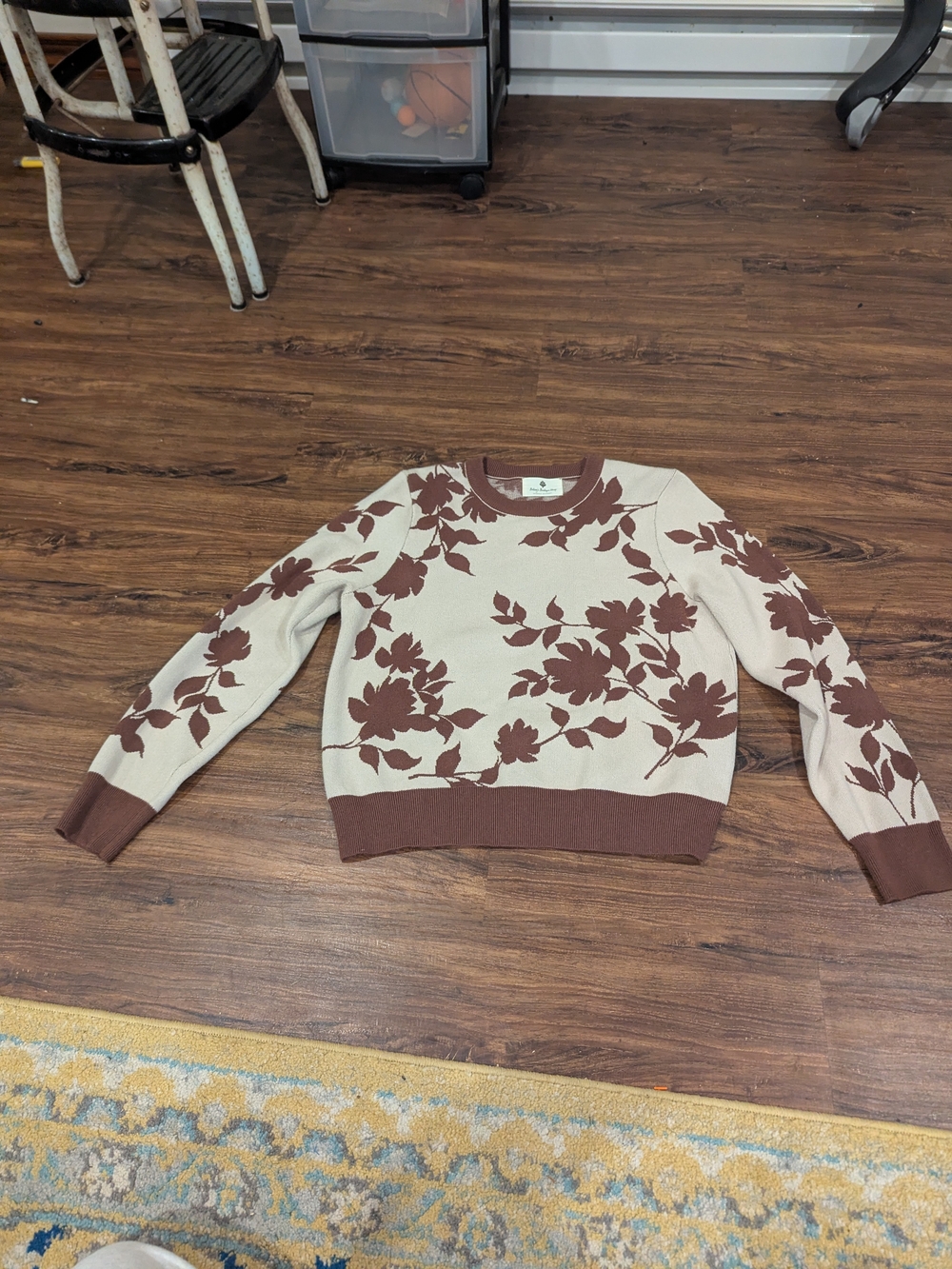 Women's Floral Crewneck Sweater in Cream and Brown